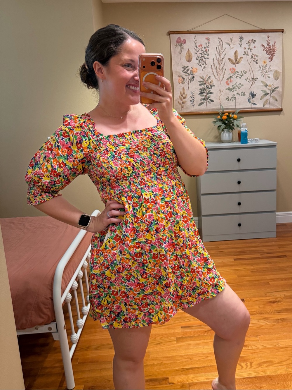 Rixo Target Cotton Smocked Floral Mini Dress in Multicolor Small